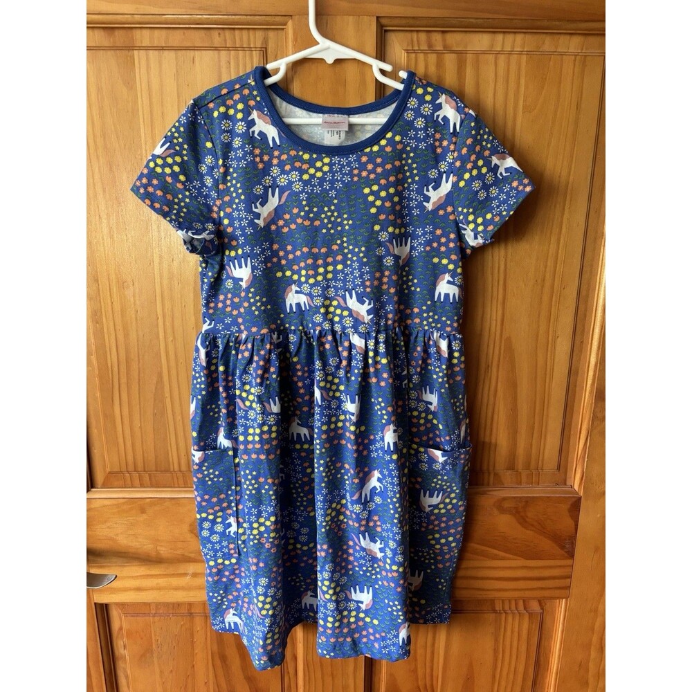 Hanna Andersson Unicorn Horse Dress Size 10 Girl Blue Floral Short Sleeve